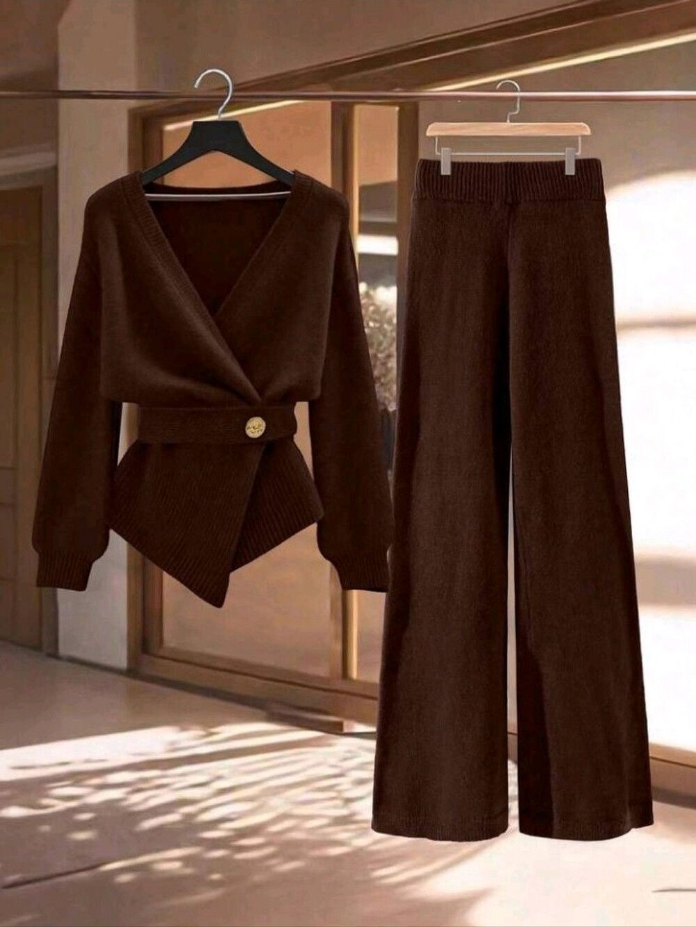 Women's Elegant Solid Color Knitted Sweater And Pants 2 Pieces Set, Autumn - Picture 1 of 7
